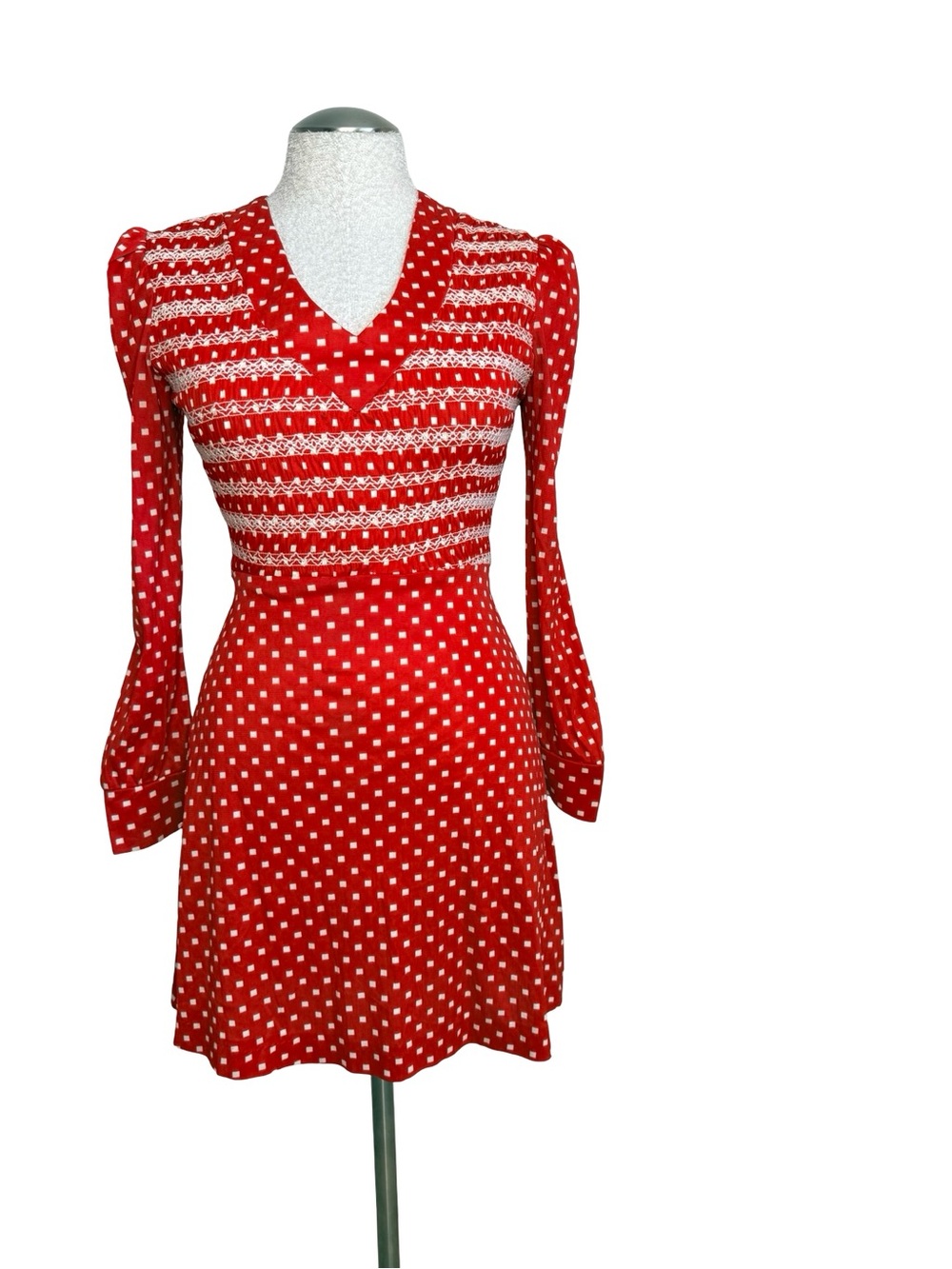 Vintage 70s Red Polka Dot V‑Neck Long Sleeve Dress